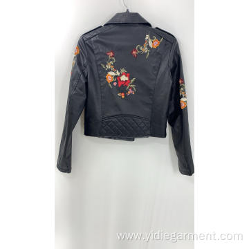 Women's Black Pu Embroidery Jacket